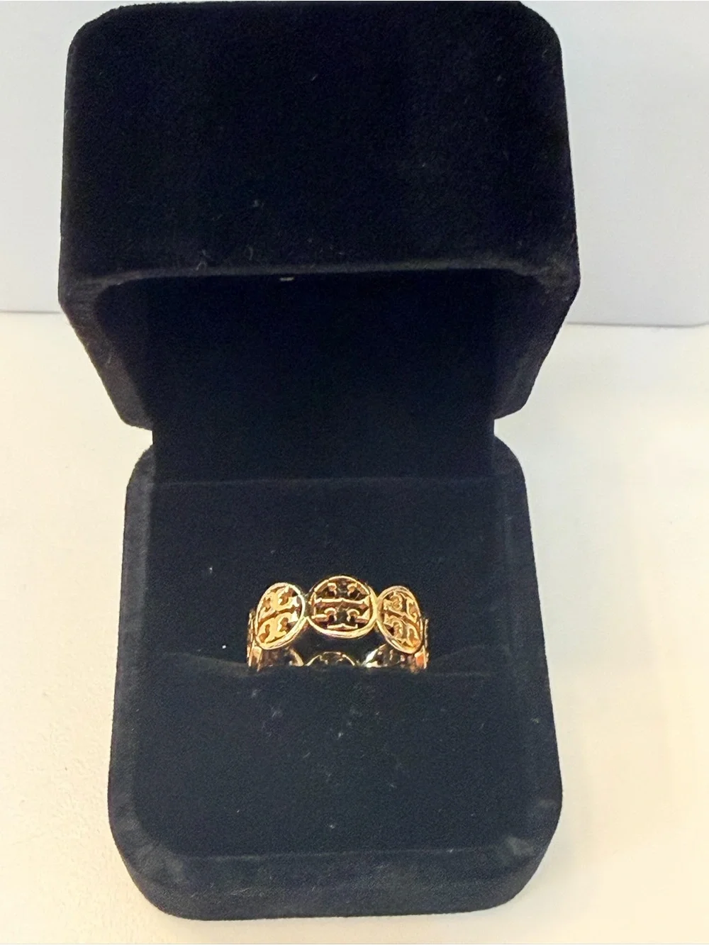 Tory Burch Gold Tone Logo Openwork Band Ring, Size 8